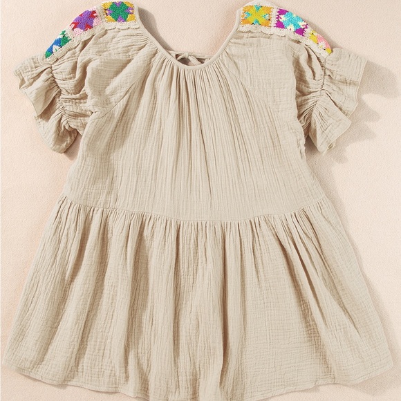 Khaki  Crinkle Embroidered Patched Bubble Sleeve Tied Neck Blouse Bohemian - Picture 5 of 11